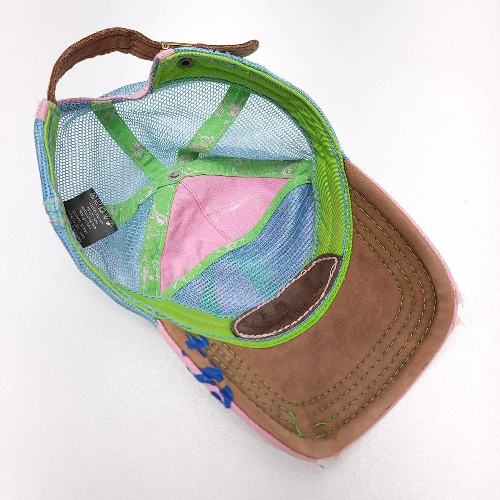 True Religion Distressed Motorcycle RW Club Strapback Cap Hat‎ Leather Mesh TRBJ